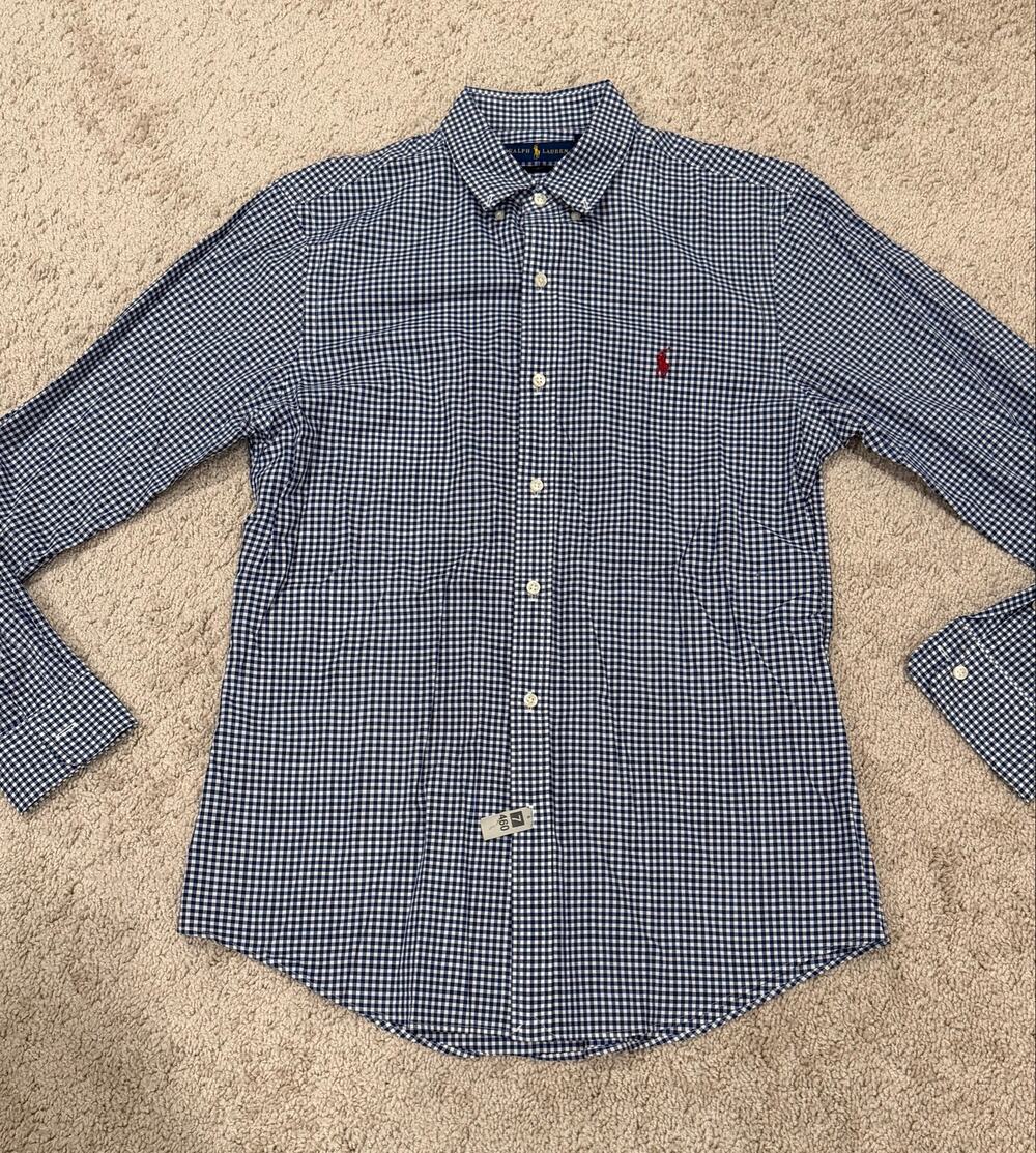 Ralph Lauren Blue & White Gingham Slim-Fit Button-Down Shirt Size Medium